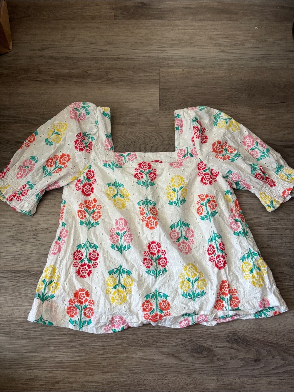 Draper James White Eyelet Square-Neck Floral Blouse